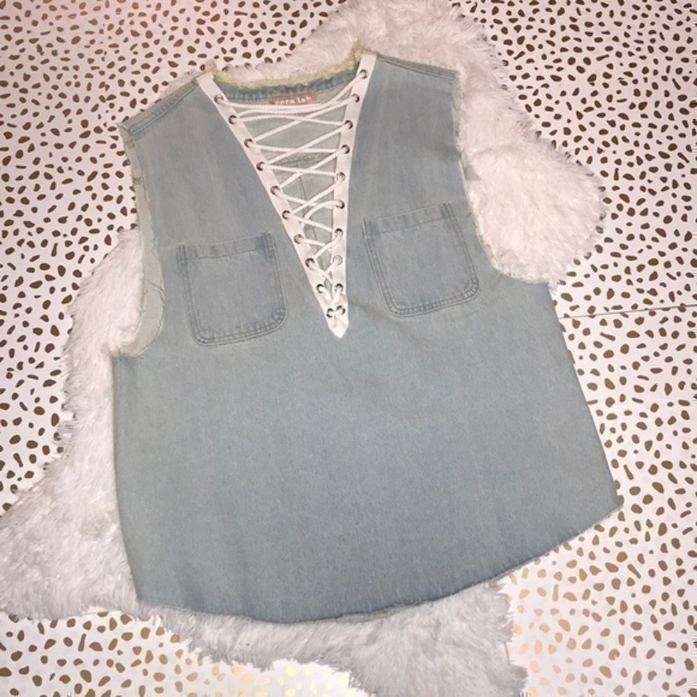 Ecru Lab Lace Up Denim Cut Off Sleeveless Top